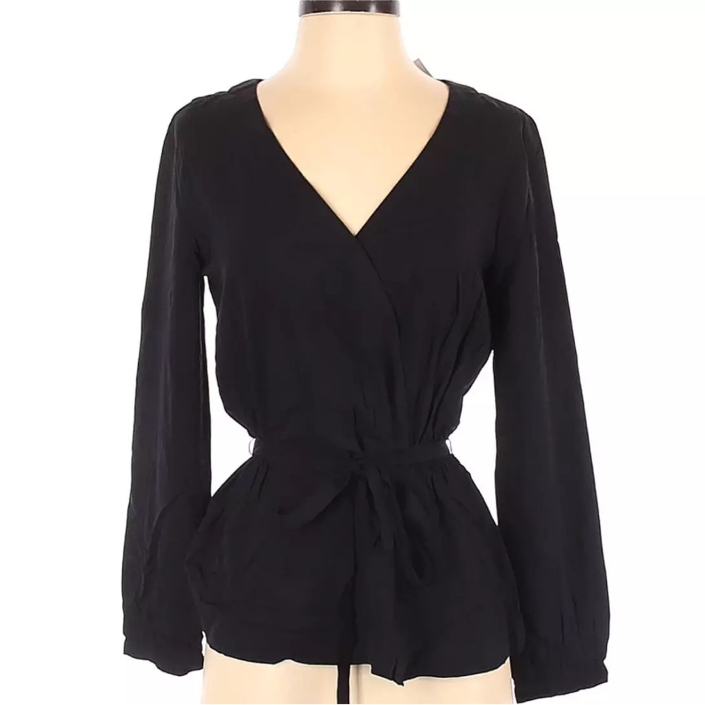 J. Crew Black Faux Wrap Tie Front Blouse
